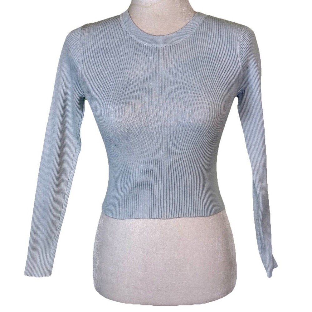 Women’s 90s Y2K Blue Ribbed‎ Knit Crop Top Long Sleeve Slim Fit Minimalist Sz M